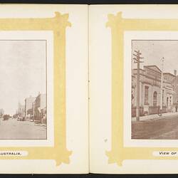 Open booklet, off-white pages. Yellow framed city street view on left page and city street view on right page.