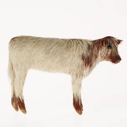 Model of white calf with brown head, shoulders and hooves. Right profile.