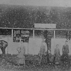 Negative - Horse Rider & Family Group Standing Outside a Shingle-Roofed Building, Australia, circa 1895