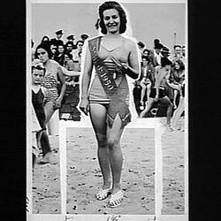 "SUNSHINE HARVESTER WORKS PICNIC 1950: HELD AT FRANKSTON PARK: MISS NORMA BRADLEY - AWARDED THE TITLE OF `MISS SUNSHINE, 1950' WITH APPROPRIATE SASH AND TROPHY"