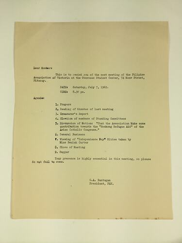 HT 57776, Letter - Meeting Reminder, Filipino Association of Victoria, Fitzroy, 7 Jul 1962 (CULTURAL IDENTITY), Document, Registered