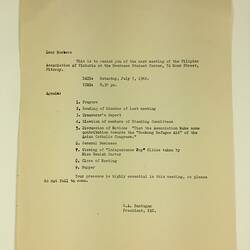 Letter - Meeting Reminder, Filipino Association of Victoria, Fitzroy, 7 Jul 1962