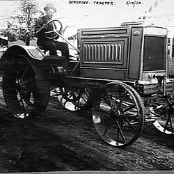 Negative - H.V. McKay, Sunshine Model O Tractor Being Driven Along a Suburban Street, Sunshine(?), Victoria, Oct 1920