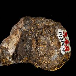 Brown rock with worm-shaped gold pieces throughout.