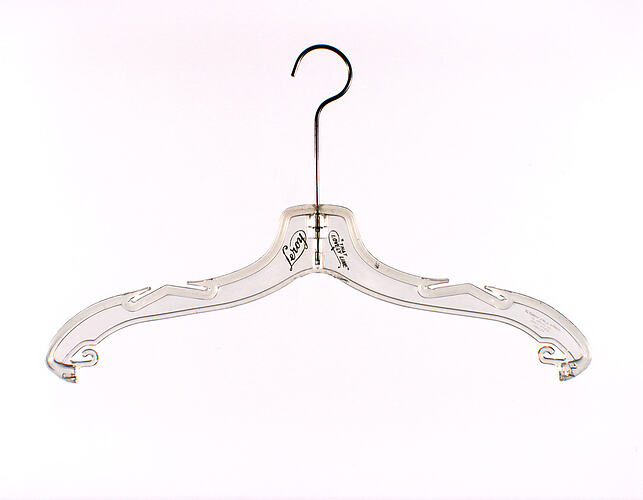 Clear plastic coat hanger with metal hook.