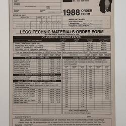 Order Form - School Order Form, LEGO Technic Material, LEGO, 1988