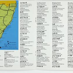 Open booklet. Printed list of restaurant locations with a coloured illustrated map of New South Wales.