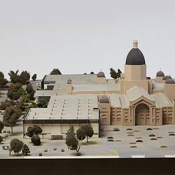 Architectural model of Royal Exhibition Building, Carlton Gardens with fountains, carpark and annexes.