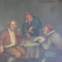 Painting - Tavern Scene, Three Men, Oil on Tin, circa 1880