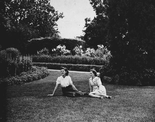 Betty Deeble (left) and friend in H.V Memorial Gardens, Sunshine, April 1942
