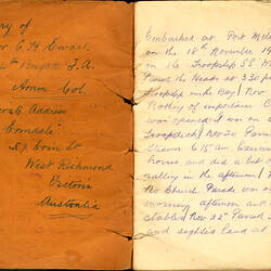 Diary - Driver Claude Ewart, Melbourne to Egypt, Vol 1, World War I, 18 Nov 1915-14 Dec 1915