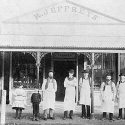 Negative - Men & Children in Front of Robert Jeffreys Saddlery Shop, Casterton, Victoria, circa 1895