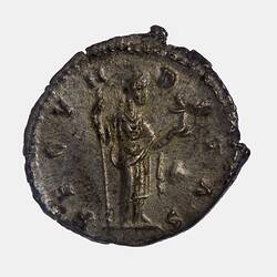 Roughly round coin. Standing figure facing right. She holds an infant in her left hand and sceptre in her right. Text around.