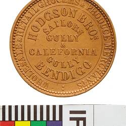 Token - 1 Penny, Hodgson Bros, Grocers & Produce Merchants, Bendigo, Victoria, Australia, 1862