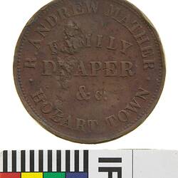 Surcharged Token - 'D. Wood' on 1 Penny, Robert Andrew Mather, Family Draper, Hobart, Tasmania, Australia, circa 1855-1860