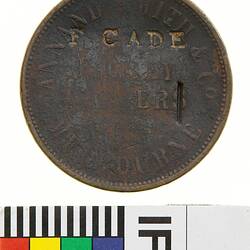 Surcharged Token - 1 Penny, Annand, Smith & Co, Family Grocers, Melbourne, 1851 stamped 'F.Cade', Melbourne, Victoria, Austalia, circa 1856