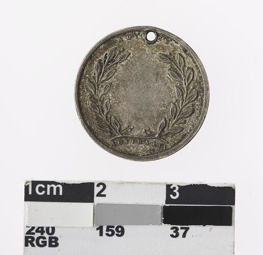 Round silver coloured medal with wreath.