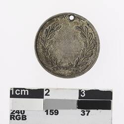 Round silver coloured medal with wreath.