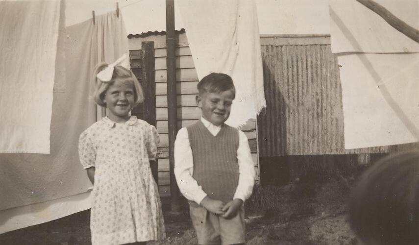 Digital Photograph - Boy & Girl under Backyard Clothes Line, Box Hill, 1946