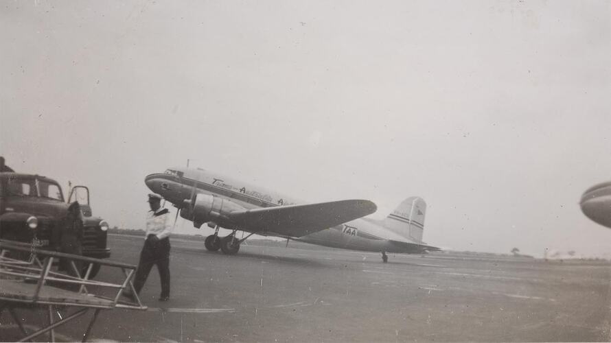 Digital Photograph - TAA Plane & Staff on Tarmac, Essendon Airport, 1952