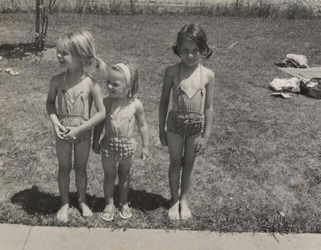 Digital Photograph - Three Girls in Homemade Swimming Costumes, Backyard, Doncaster East, 1965