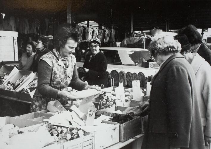 Digital Photograph - Stall Holder with Customers at Haberdashery Stall, Queen Victoria Market, Melbourne, 1969