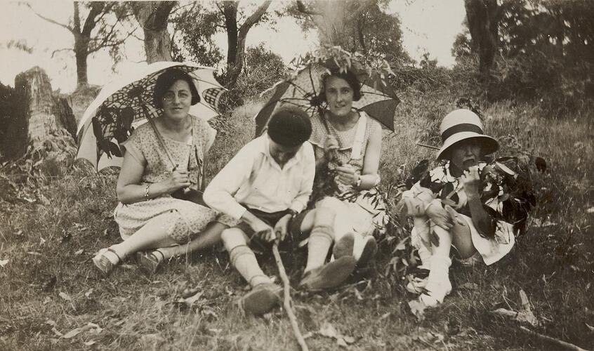 Digital Photograph - Two Women with Parasols with Boy & Girl Picnicking in Grass, Ferntree Gully, circa 1928