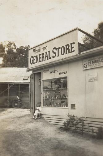 Digital Photograph - Boy & Girl Sitting outside Wantirna General Store, 1949