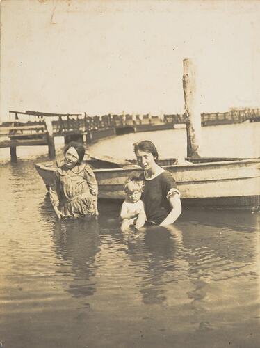 Digital Photograph - Two Girls & Baby in Water by Boat & Pier, Saint Margaret Island, circa 1915