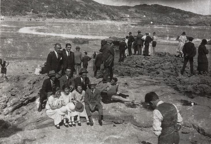 Digital Photograph - Photographer taking shot of Group on Rocky Platform on Day Trip, Port Phillip Bay, circa 1920