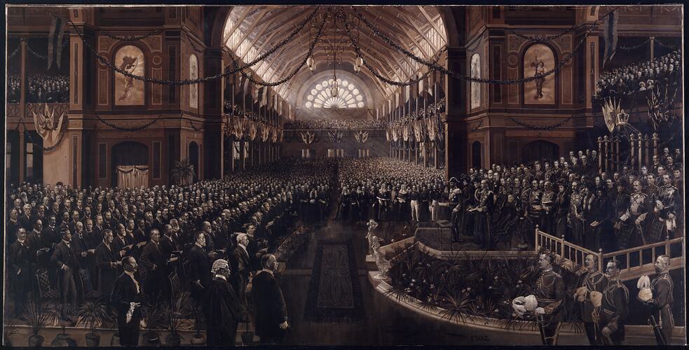 Interior of Great Hall with assembled crowd during formal ceremony.