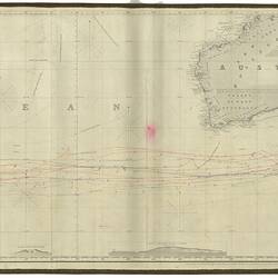 Unrolled ship navigational map/chart showing South and Pacific oceans. Australia is at the right.