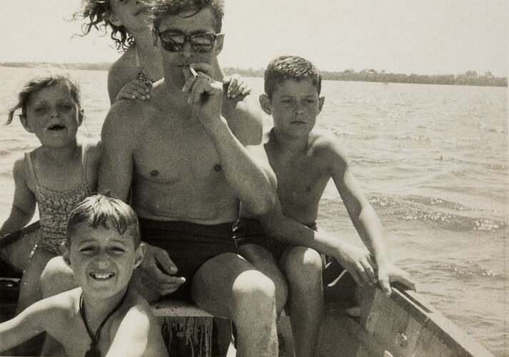 Man Smoking Cigarette, with Family, in Boat, Mordialloc, 1960