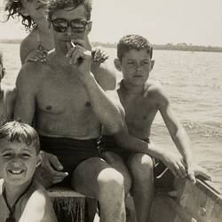 Man Smoking Cigarette, with Family, in Boat, Mordialloc, 1960