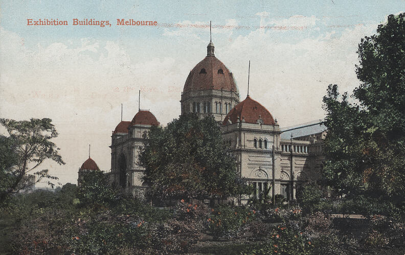 Postcard - South West Facade, Exhibition Building, Valentine's Series, Melbourne, post 1902