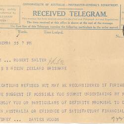 Declined passage to Australia for R Salter - telegram.