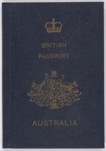 Dark blue passport front cover with gold printing. Logo in centre.
