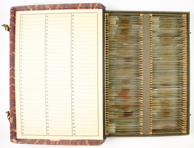 Open microscope slide storage box in form of false book. Lid on left, tops of slide storage sleeves on right.