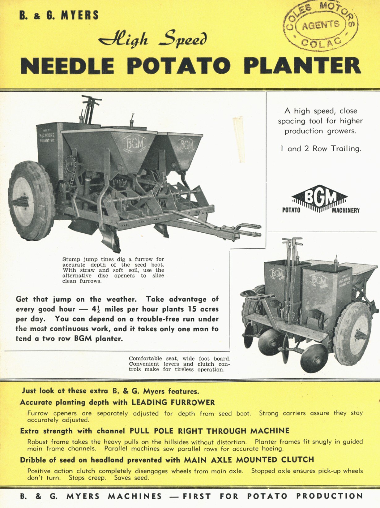 Descriptive Leaflet B G Myers High Speed Needle Potato Planter Circa 1960