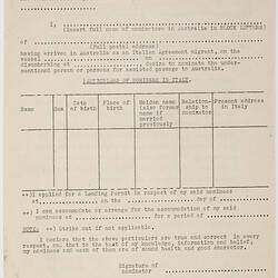 Form - Application by Italian Agreement Migrant for Assisted Passage, 1950s