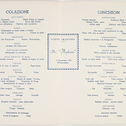 Menu - Italian Lloyd Triestino Line, MN Neptunia, Lunch, 12 Dec 1951