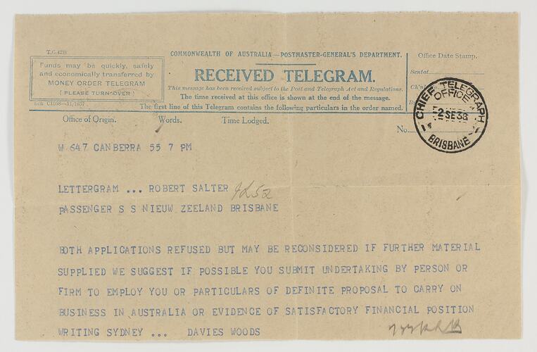 Telegram - To Robert Salter, 2nd Sep, 1938