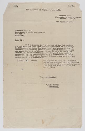 Letter - The Institute of Engineers, Australia 06/11/1950