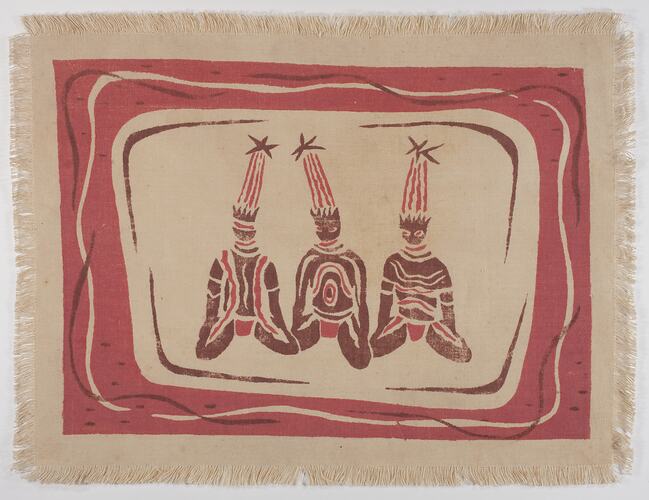 Place Mat - Human Figures With Headdresses & Spears, Maroon & Red, circa 1950s