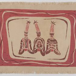 Place Mat - Human Figures With Headdresses & Spears, Maroon & Red, circa 1950s