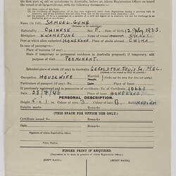 Application Form - Aliens entering Australia in Overseas Vessel or Aircraft, Commonwealth of Australia, 28 Jul 1946