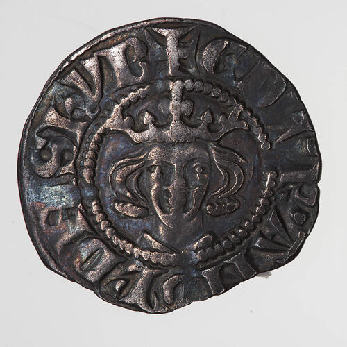 Coin, round, a crowned bust of the King facing; text around, + EDW R ANGL DNS HYB.