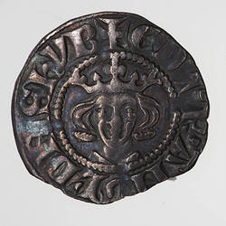 Coin, round, a crowned bust of the King facing; text around, + EDW R ANGL DNS HYB.