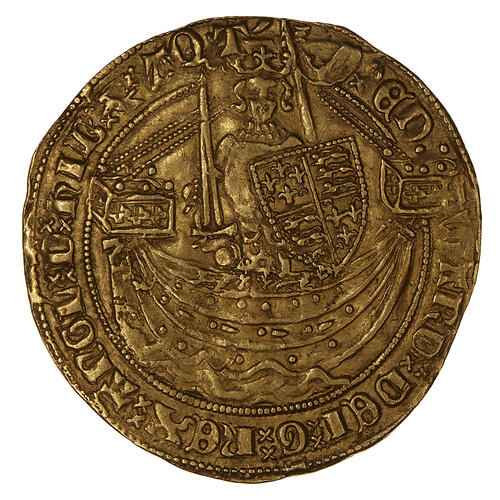 Coin, round, crowned King, standing facing on a ship holding a sword and a quartered shield. Text around.