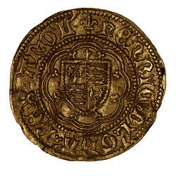 Coin, round, shield quartered with English and French arms; text around.